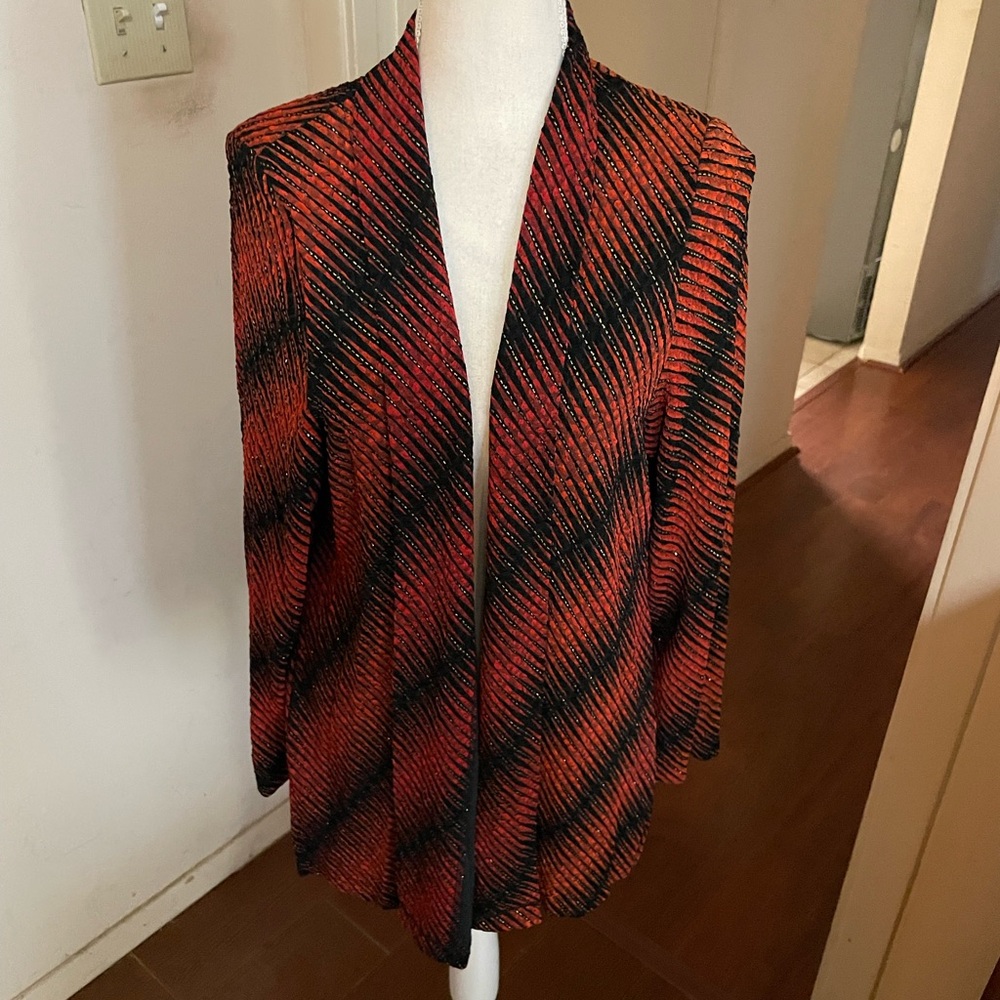 TanJay red orange black Jacket LARGE open front metallic gold stripes spandex - Picture 6 of 16